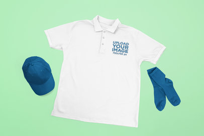 Outfit Mockup Featuring an Embroidered Polo Shirt with a Matching Cap and Socks m22018 r-el2