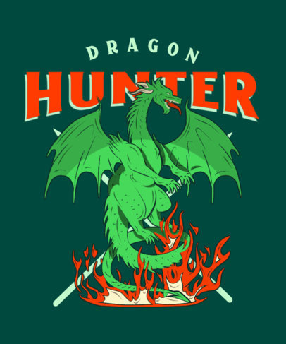 T-Shirt Design Template Featuring a Mythological Dragon Standing Over Flames