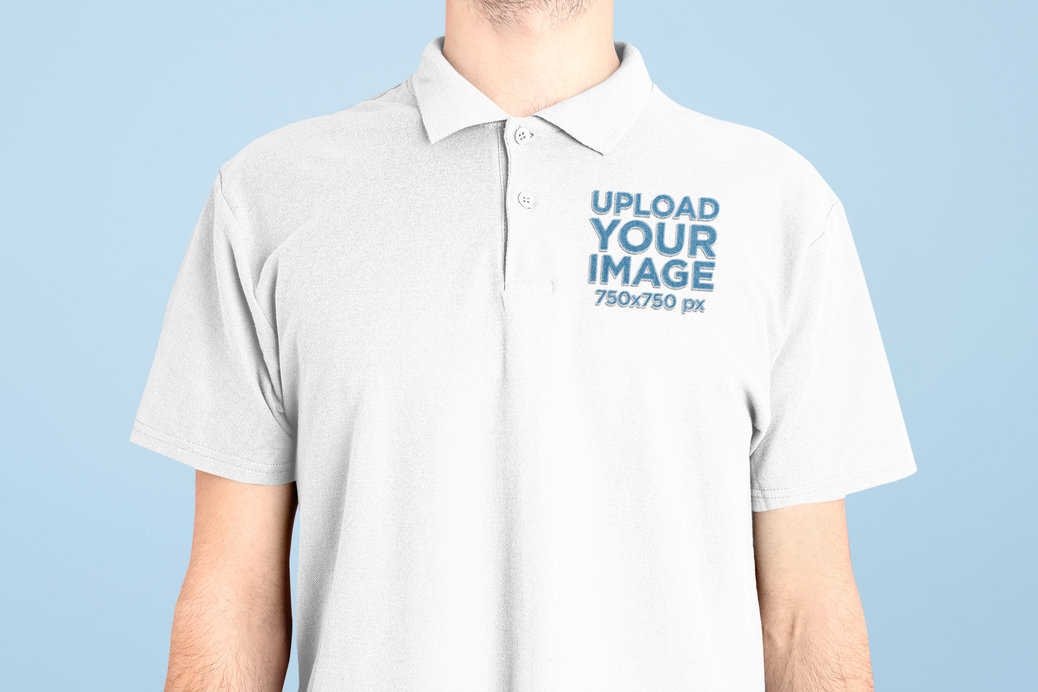 Polo Shirt Mockup Featuring a Cropped-Face Man at a Studio