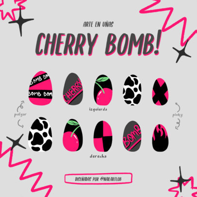 Instagram Post Template Featuring Trendy Nail Art Illustrations With Cow Print and Cherries