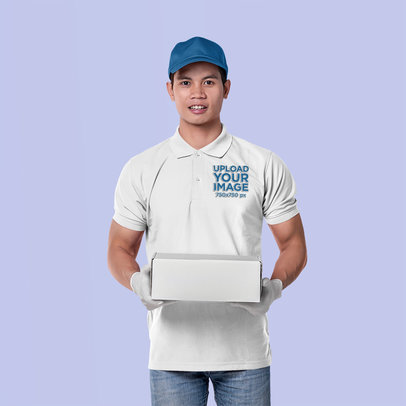 Polo Shirt Mockup Featuring a Man Holding a Box