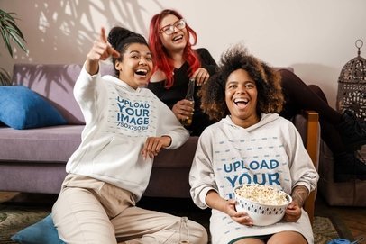 Hoodie & Hoodie Dress Mockup Featuring a Group of Friends Watching TV m25524 r-el2