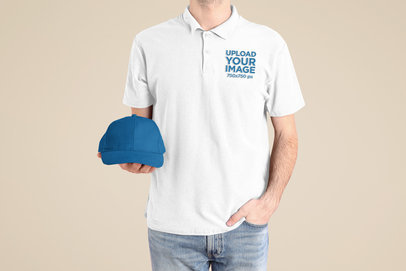 Polo Shirt Mockup Featuring a Cropped Face Man Holding a Cap