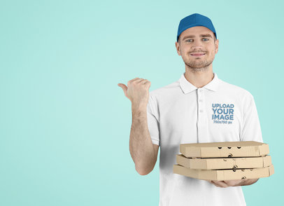 Polo Shirt Mockup Featuring a Delivery Man Holding Three Pizza Boxes
