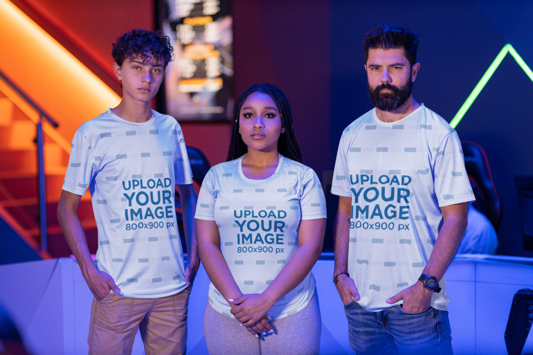 Jersey Mockup of Three Friends Posing at a Gamers' Arena