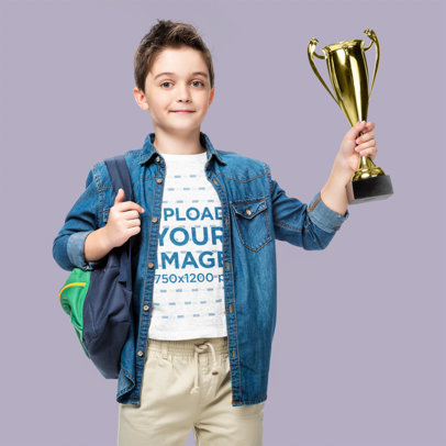 Heathered T-Shirt Mockup of a Proud Boy Holding a Trophy