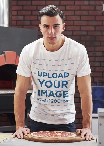 T-Shirt Mockup of a Man with a Freshly Baked Pizza