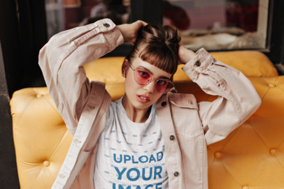 Heathered T-Shirt Mockup Featuring a Brunette Woman With Pink Sunglasses m12197 r-el2