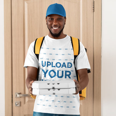 Round-Neck Mockup of a Smiling Delivery Man Holding Pizza Boxes m13755 r-el2