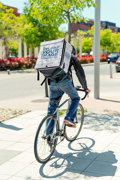Mockup of a Man Carrying a Delivery Backpack in the City