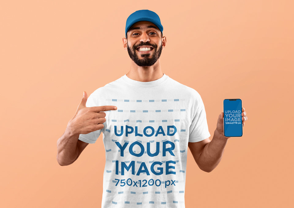 Round-Neck T-Shirt Mockup of a Bearded Man Pointing to His iPhone Screen