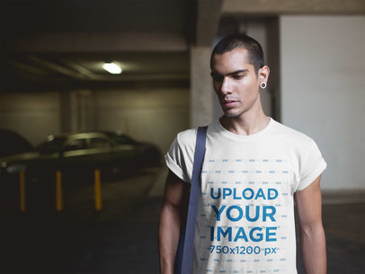 Short-Haired Man Wearing a T-Shirt Mockup Going to a Yoga Class