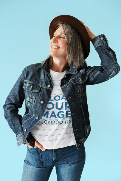 Round-Neck T-Shirt Mockup Featuring a Happy Woman With a Hat