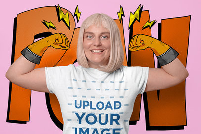 Round-Neck T-Shirt Mockup of a Smiling Woman With Illustrated Superhero Gloves