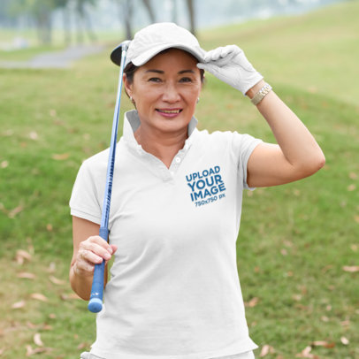 Polo Shirt Mockup Featuring a Happy Woman Playing Golf