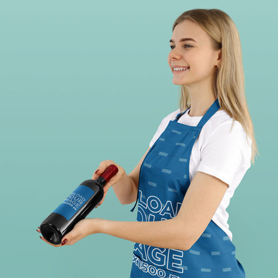 Apron Mockup Featuring a Smiling Woman Holding a Wine Bottle