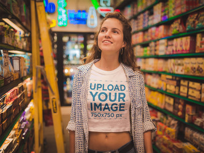 Woman Wearing a Crop Top Tee Mockup in the Supermarket