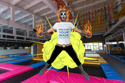 T-Shirt Mockup Featuring a Man Jumping With an Illustrated Superhero Suit