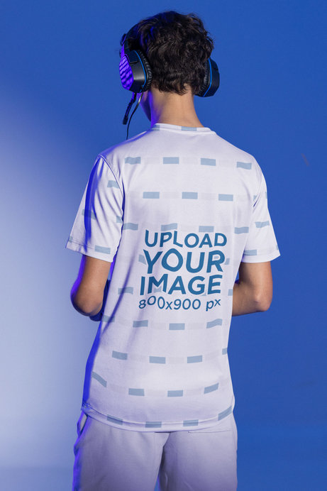 Back-View Jersey Mockup of a Man Wearing Headsets at a Studio