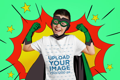 T-Shirt Mockup of a Happy Boy with an Illustrated Superhero Outfit Flexing His Arms