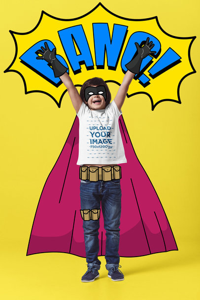 Superhero-Themed Mockup of a Happy Boy Wearing a Round-Neck Tee