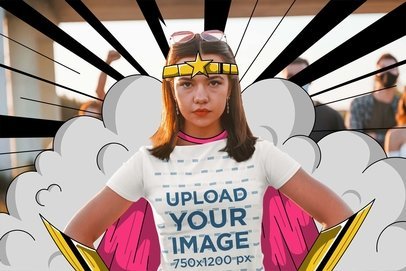 T-Shirt Mockup of a Woman with an Illustrated Super Hero Outfit m25762 r-el2