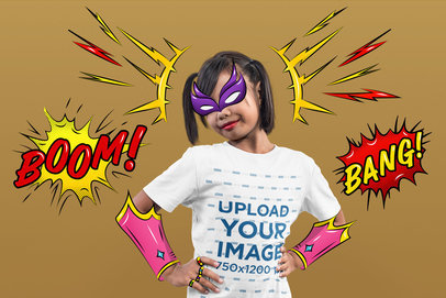 T-Shirt Mockup of a Girl Posing with an Illustrated Hero Outfit