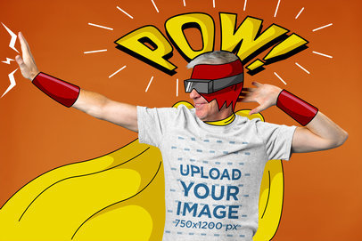 Heathered T-Shirt Mockup of a Smiling Man With an Illustrated Superhero Suit m24554 r-el2