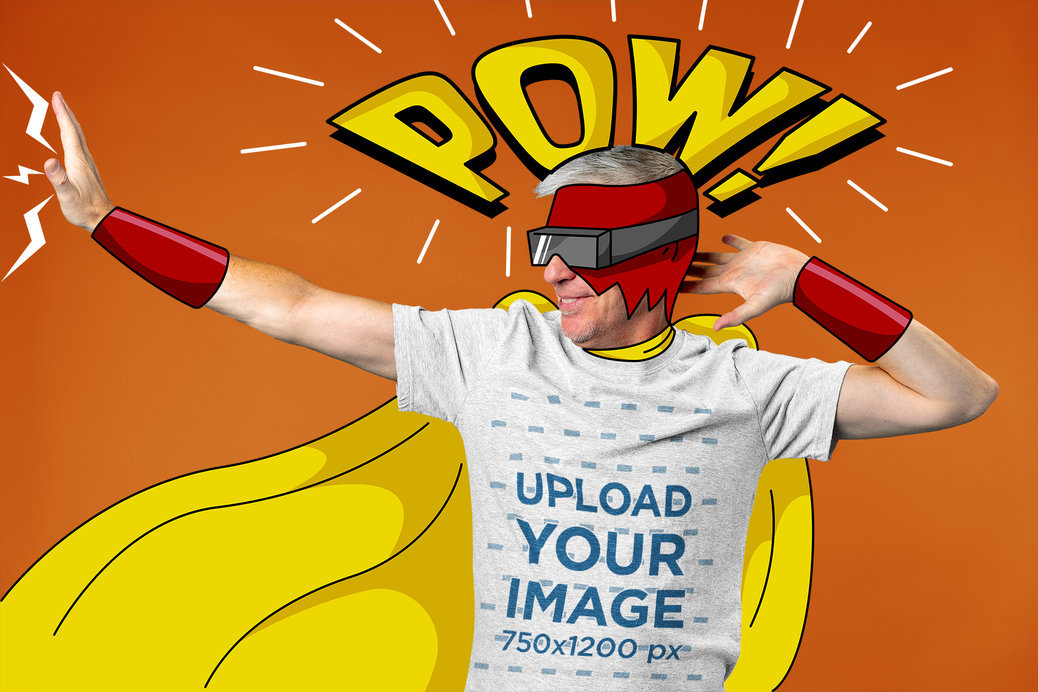Heathered T-Shirt Mockup of a Smiling Man With an Illustrated Superhero Suit