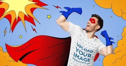 V-Neck Tee Mockup Featuring a Man Wearing an Illustrated Superhero Outfit