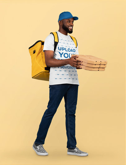 Round-Neck Tee Mockup of a Bearded Delivery Man with Pizza Boxes m28740 r-el2