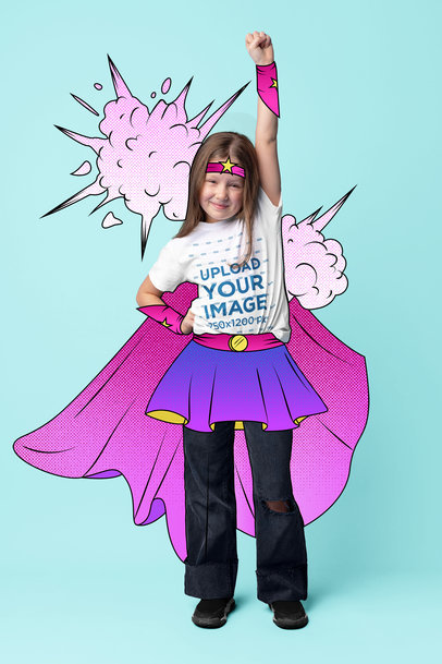 Round-Neck Tee Featuring a Girl With an Illustrated Superhero Costume
