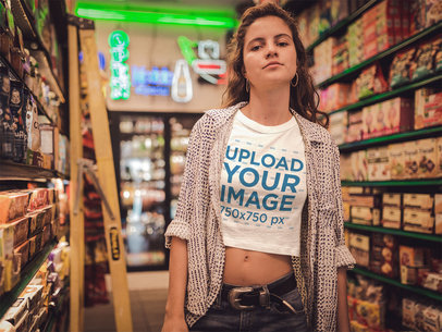 Woman Wearing a Round Neck Crop Top Tee Mockup at the Supermarket