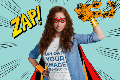 T-Shirt Mockup of a Female Superhero Flexing Her Arm
