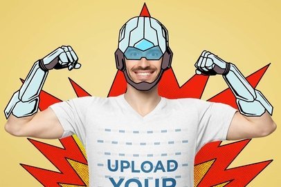 Heathered V-Neck Tee Mockup Featuring a Strong Happy Man With a Superhero Outfit