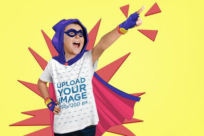 Round-Neck T-Shirt Featuring a Boy Wearing an illustrated Superhero Costume