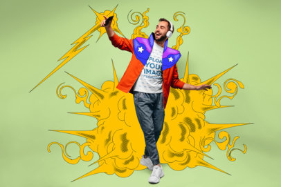 Round-Neck Tee Mockup Featuring a Happy Man Surrounded by Comic Book Illustrations m27055 r-el2