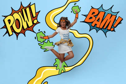 T-Shirt Mockup Featuring a Woman with an Illustrated Hero Costume m27056 r-el2