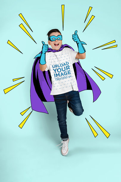 T-Shirt Mockup Featuring a Happy Boy With a Superhero Costume Graphic