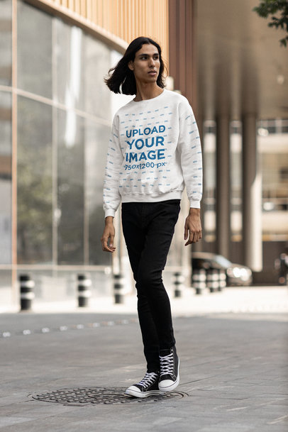 Sweatshirt Mockup Featuring a Tall Man Walking Down the Street m29423