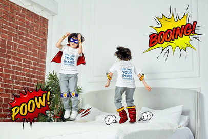 Round-Neck T-Shirt Mockup Featuring Two Boys With Superhero Illustrated Costumes