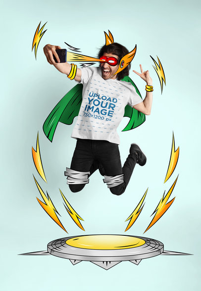 Superhero-Themed Mockup Featuring a Man Wearing a T-Shirt and an Illustrated Cape