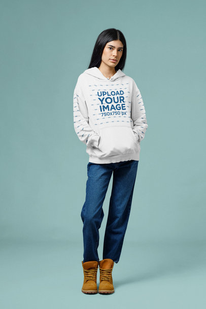 Pullover Hoodie Mockup Featuring a Woman with Long Hair at a Studio