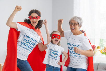 Round-Neck Tee Mockup Featuring a Happy Family in Superhero Costumes