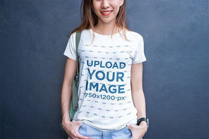 Crewneck T-Shirt Mockup Featuring a Woman with a Backpack