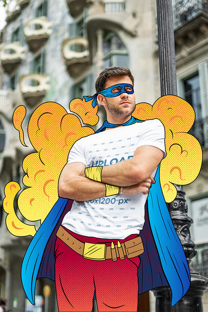 T-Shirt Mockup of a Bearded Man Leaning Over a Lamp Post in an Illustrated Hero Outfit m16896 r-el2