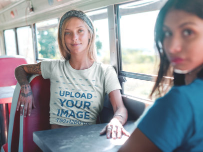 Blonde Woman Wearing a Tshirt Template on a Vintage Bus with a Friend