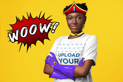 Heathered T-Shirt Mockup Featuring a Confident Woman With an Illustrated Superhero Costume m26859 r-el2