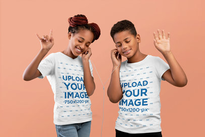 V-Neck and Round Neck Tee Featuring Two Kids Listening to Music