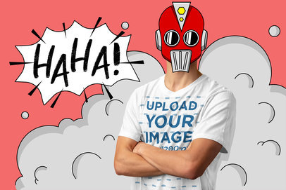 Round-Neck Tee Mockup Featuring a Man With an Illustrated Superhero Mask